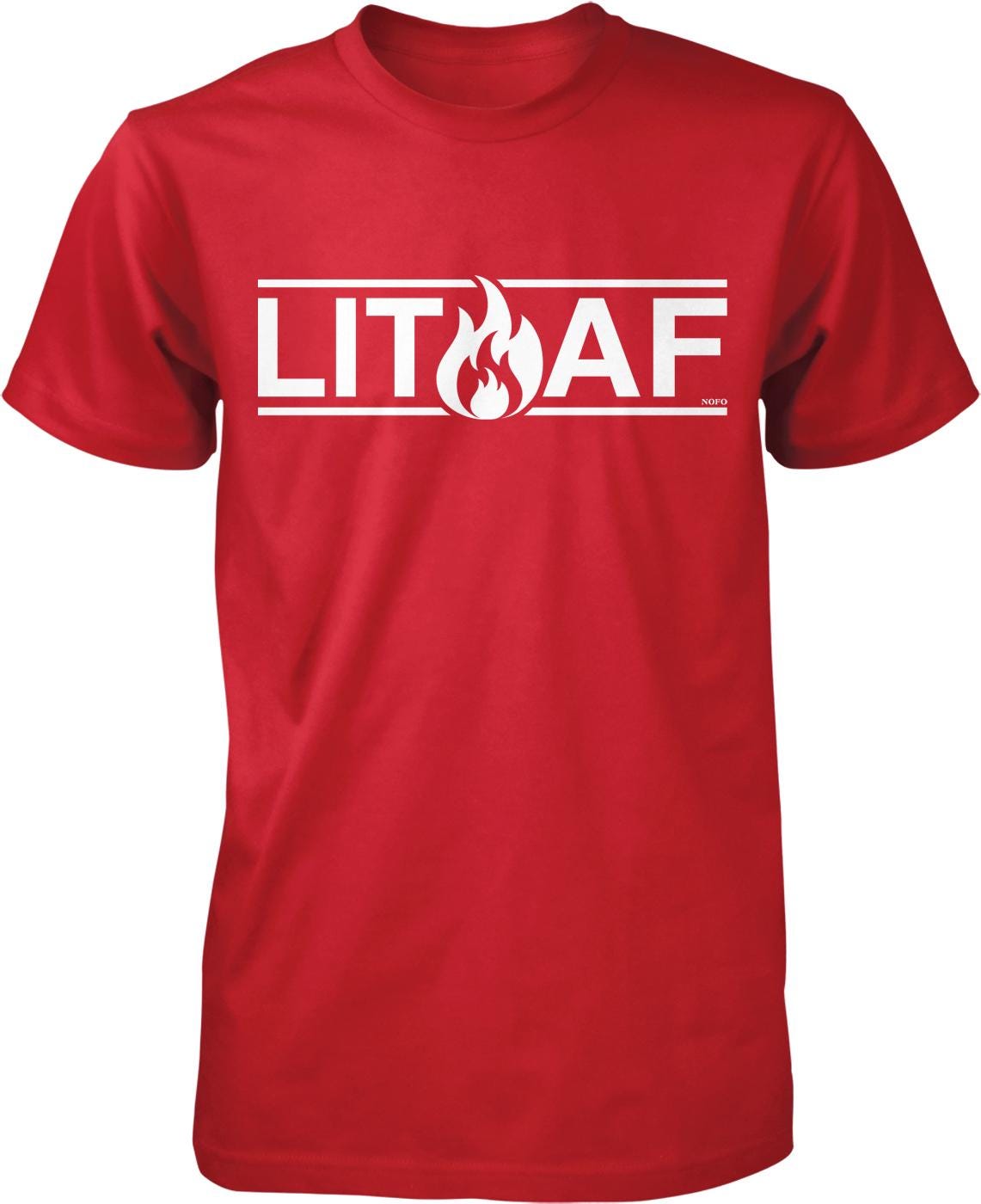 A red t-shirt with the text "LIT AF" printed on it.