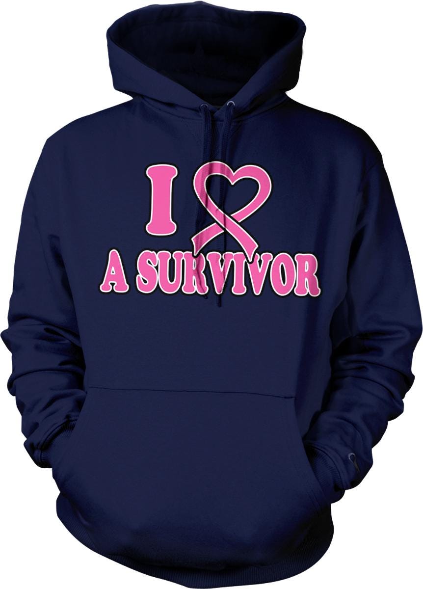 A navy blue hoodie with the text "I ♥ A SURVIVOR" printed on it in pink.
