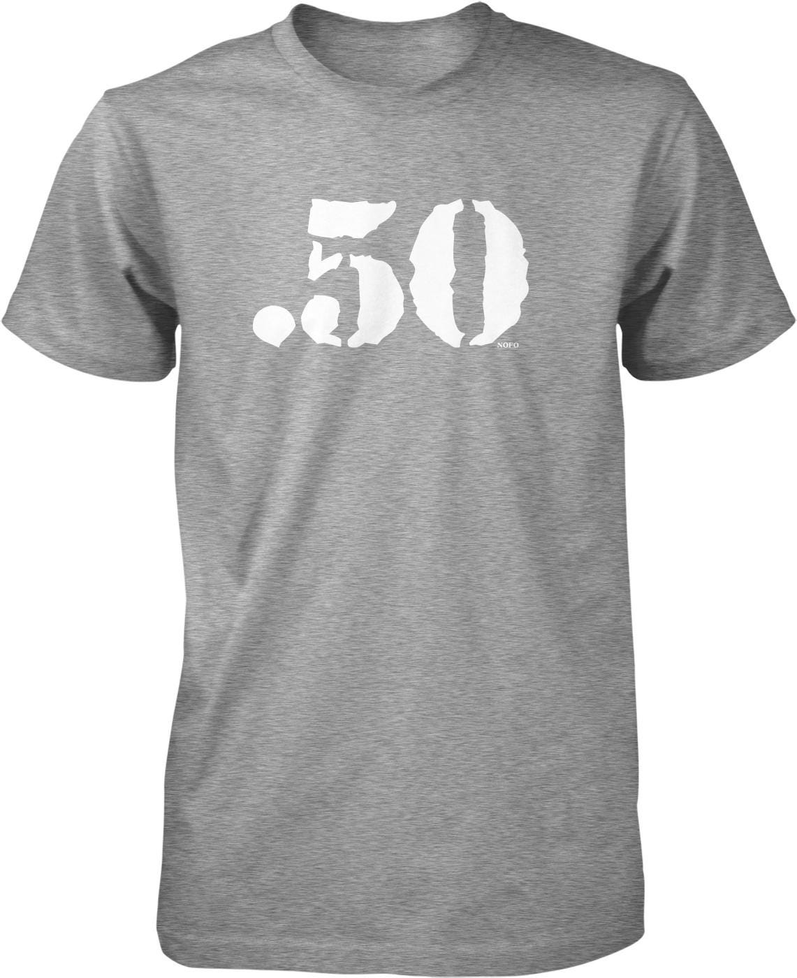 A gray t-shirt with the number 50 printed in white on it.