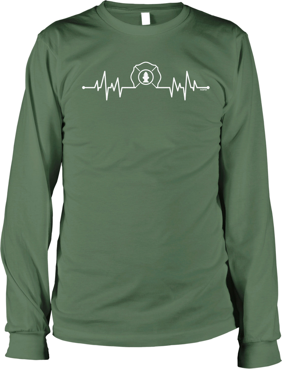 A long-sleeved green t-shirt with a white graphic design on the front. The design consists of a line graph or heart shape with a small silhouette of a person inside, representing a heart rate or a symbol of love or care.