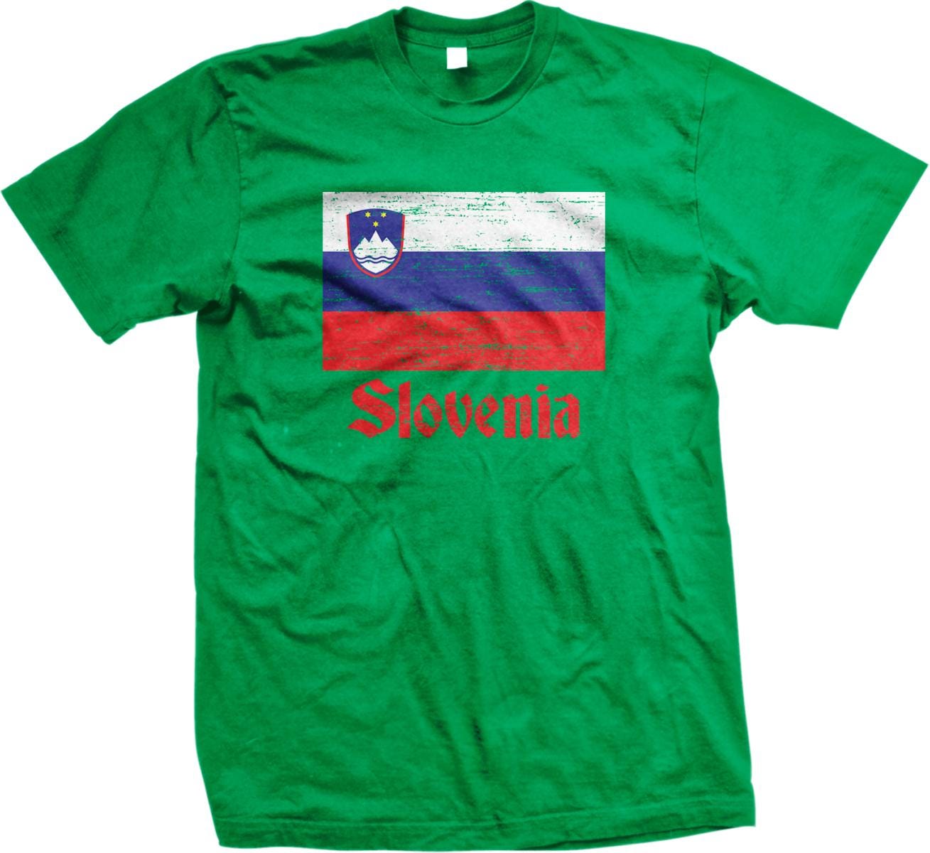 A green t-shirt with the flag of Slovenia printed on it.