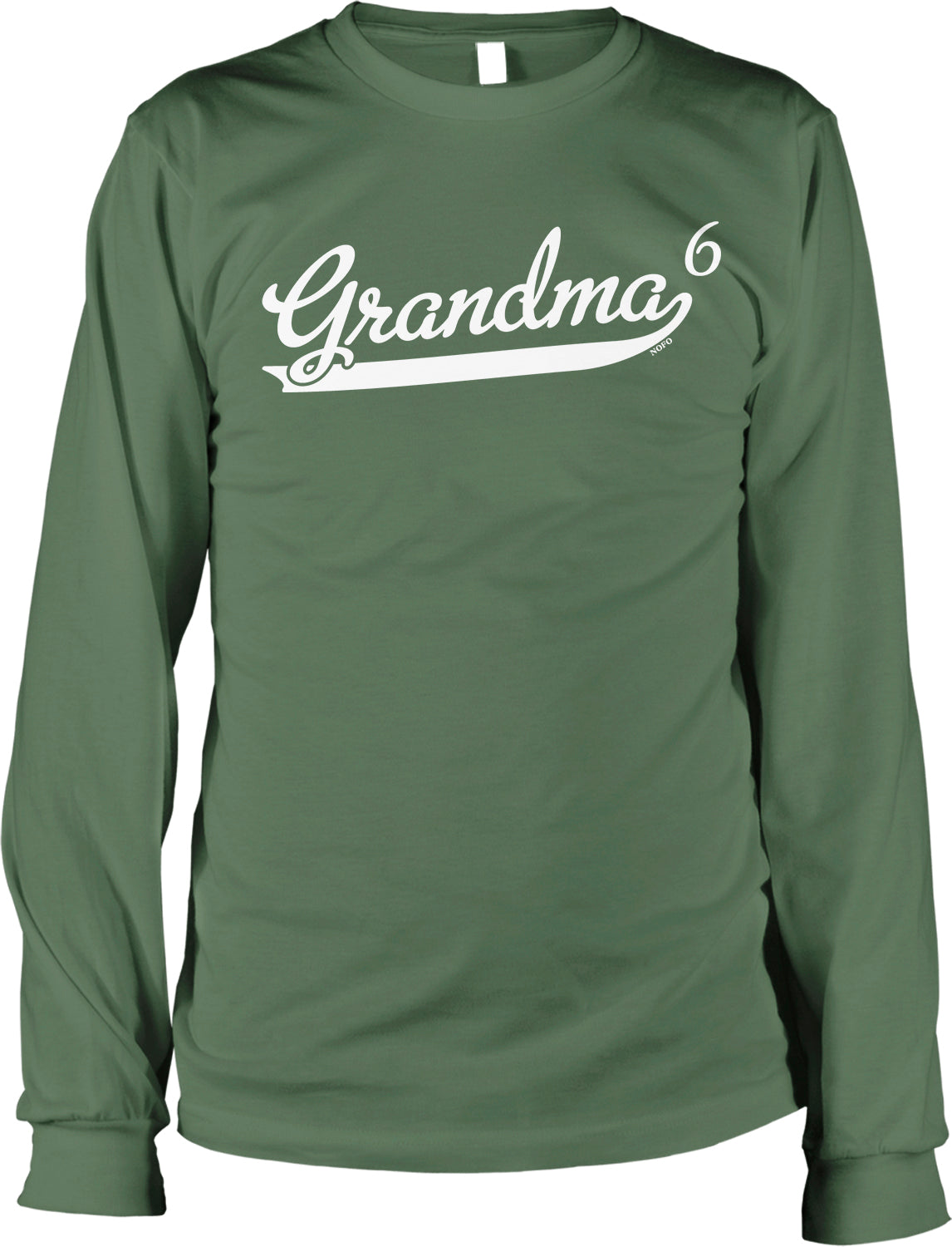 A long-sleeved green t-shirt with the text "Grandma" printed on it in white lettering.