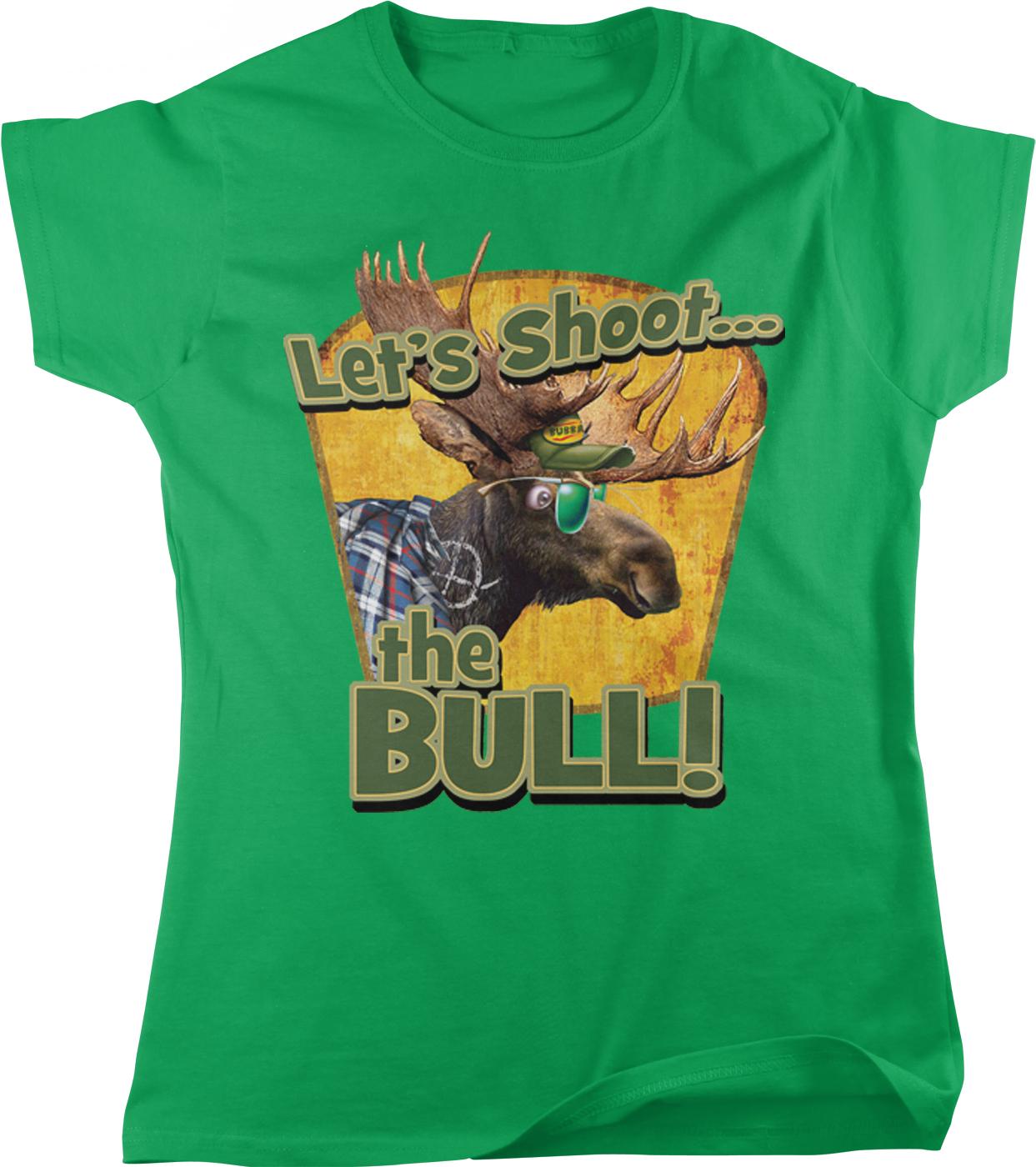 A green t-shirt with a graphic design featuring a moose wearing sunglasses and the text "Let's Shoot... the Bull!"