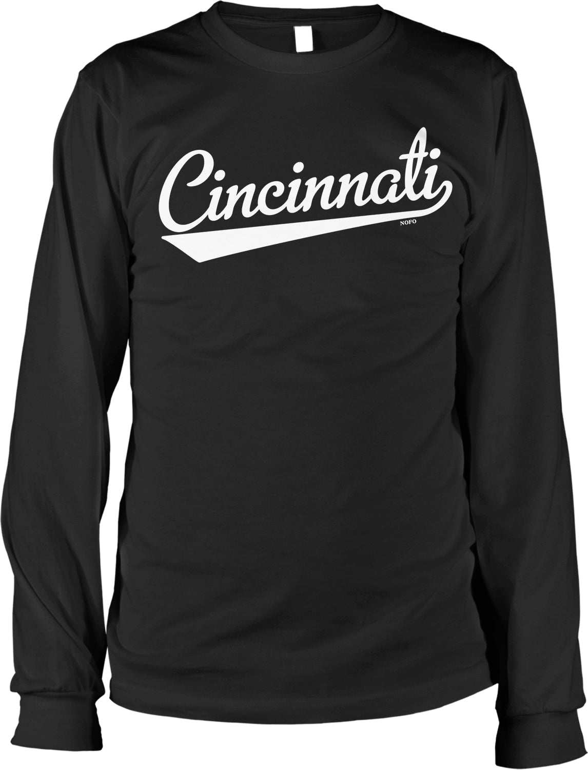 A black long-sleeved shirt with the word "Cincinnati" printed in white text across the front.