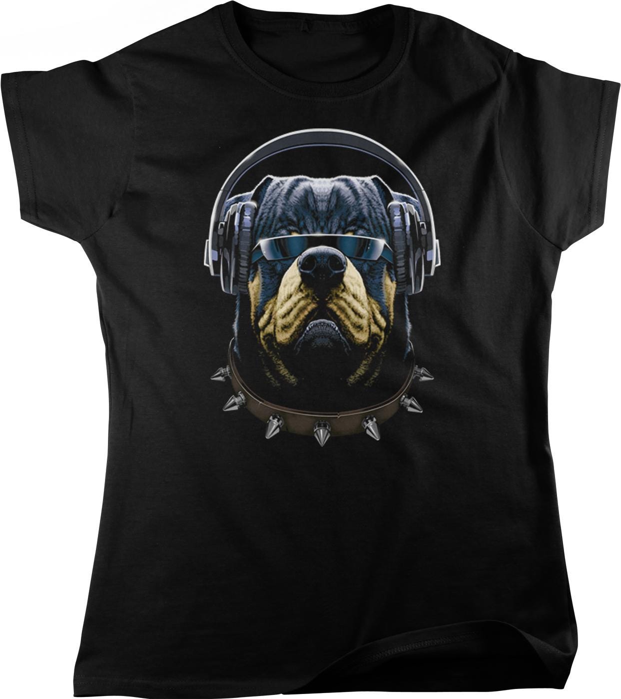 A black t-shirt with a graphic design of a dog wearing headphones and a studded collar.