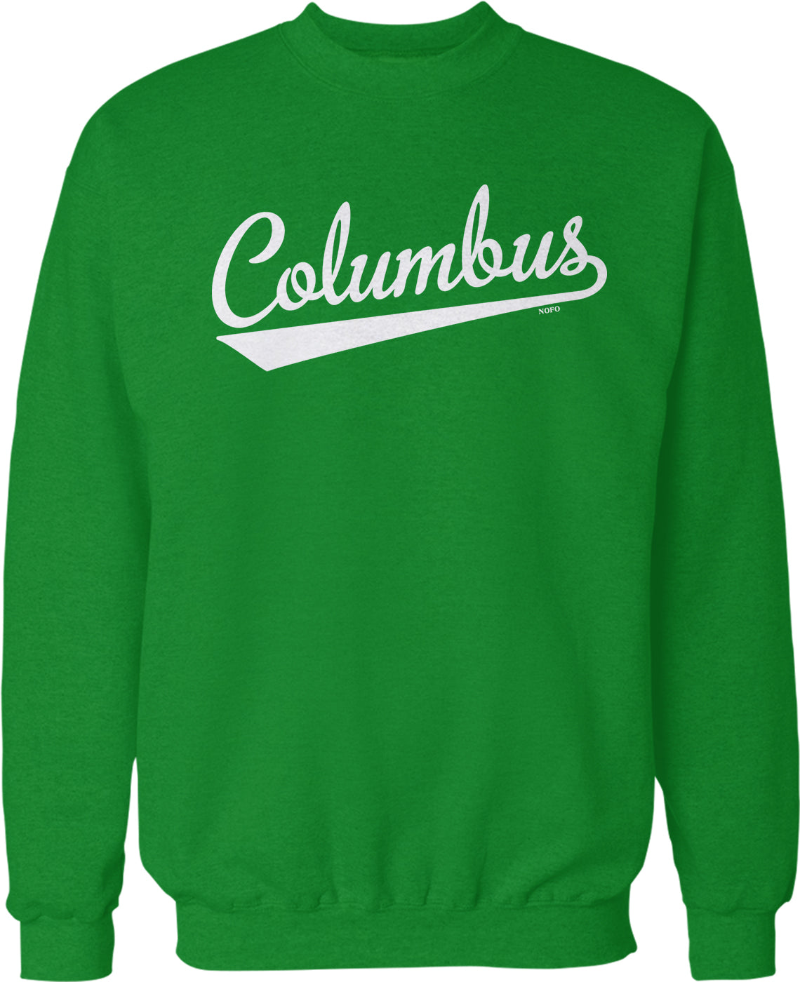 A bright green sweatshirt with the word "Columbus" printed in white text across the front.