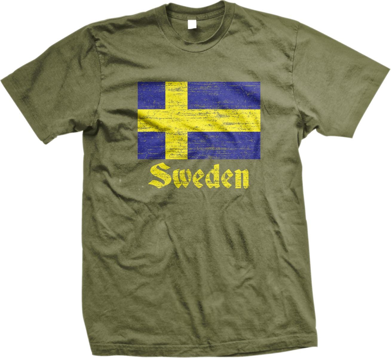 A green t-shirt with a graphic of the Swedish flag and the word "Sweden" printed on it.
