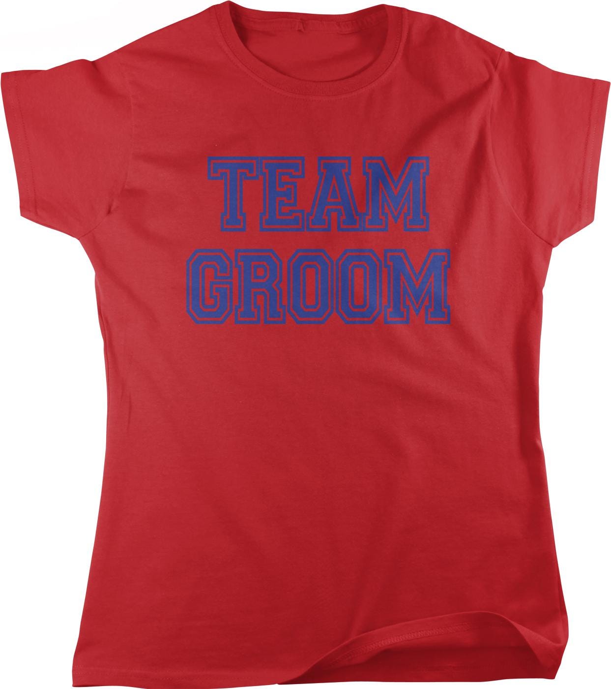 A red t-shirt with the text "TEAM GROOM" printed in blue letters.