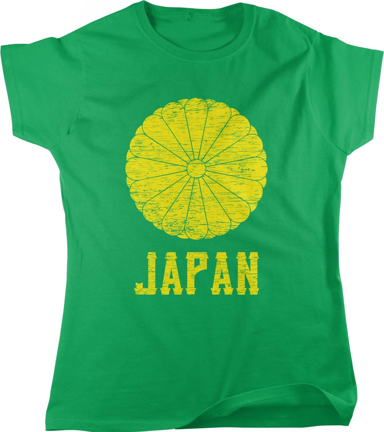 A green t-shirt with a yellow graphic design and the word "JAPAN" printed on it.