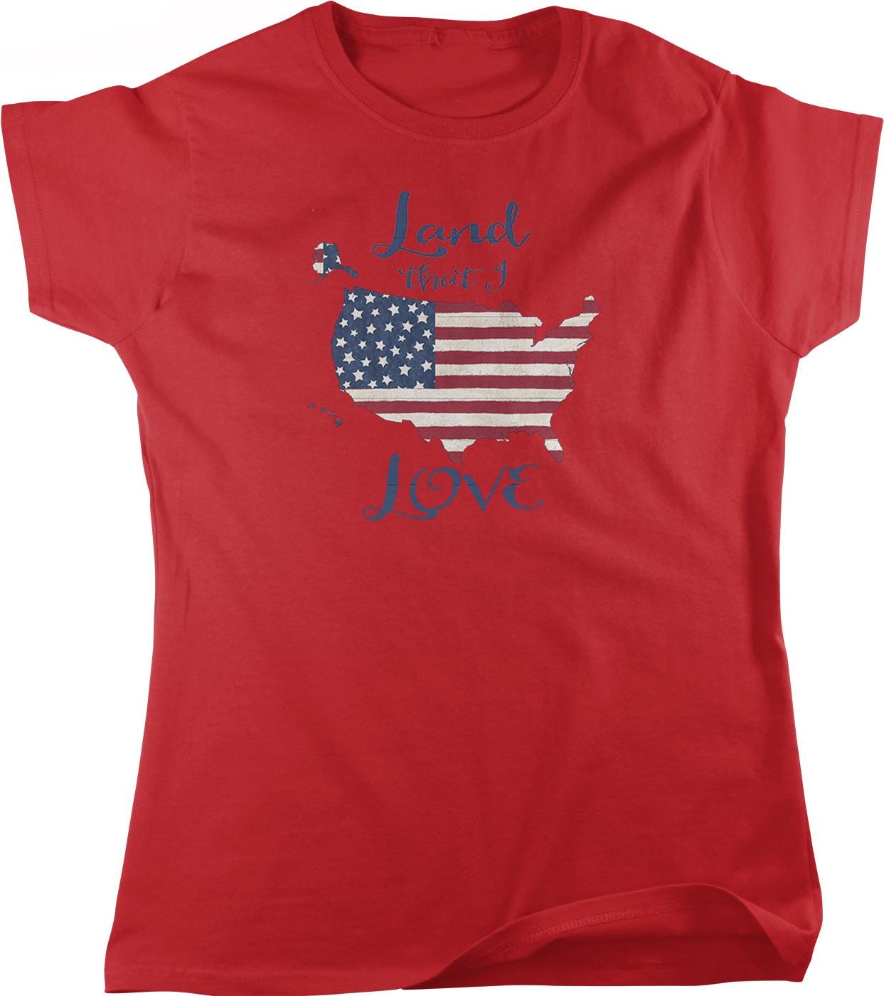 A red t-shirt with a graphic design depicting the United States flag and the text "I love" printed on it.