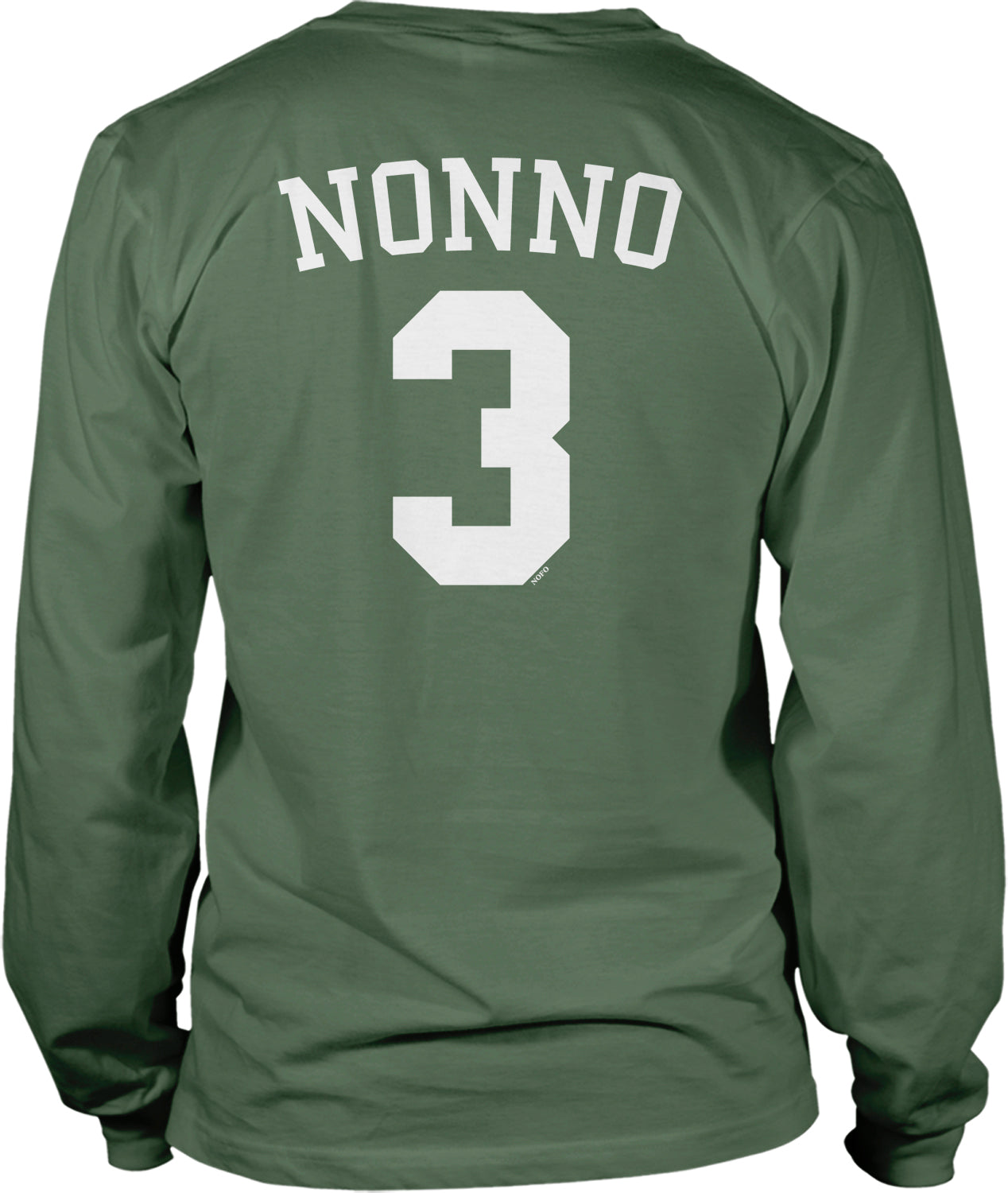 A green long-sleeved t-shirt with the name 'NONNO' and the number '3' printed on the back.