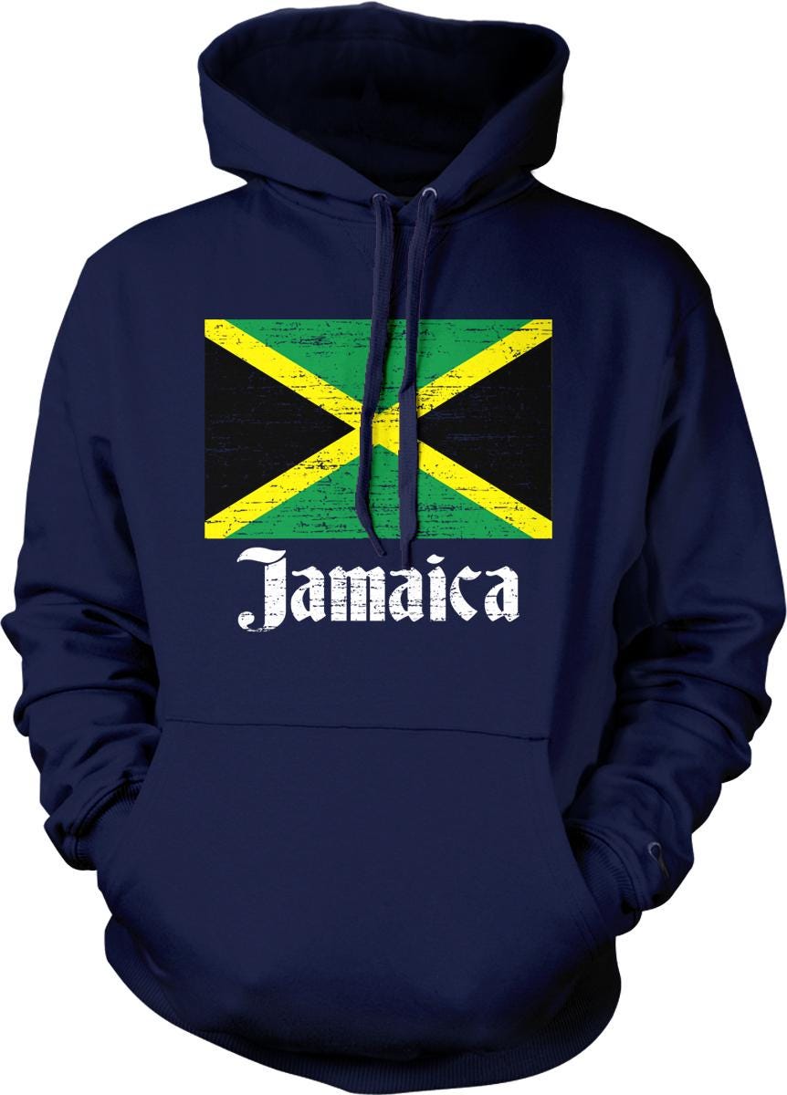 A navy blue hoodie with a graphic of the Jamaican flag and the word "Jamaica" printed on it.