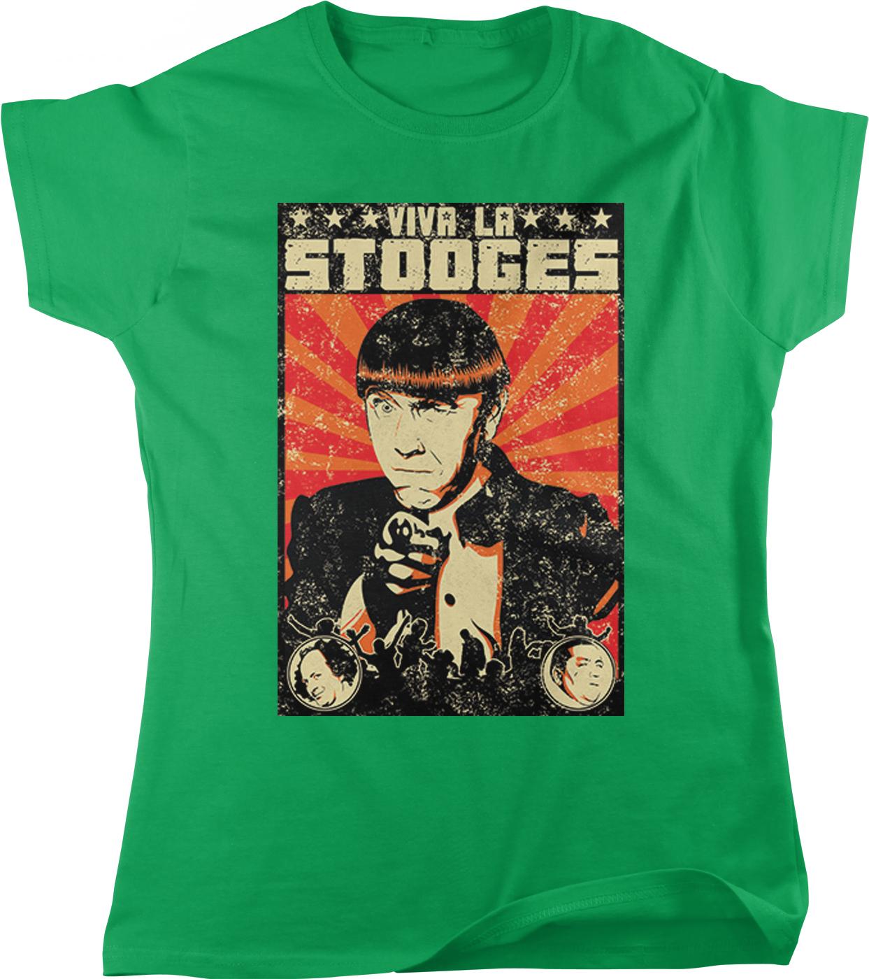 A green t-shirt with a graphic design featuring a man's face and the text "VIVA LA STOGES" prominently displayed.