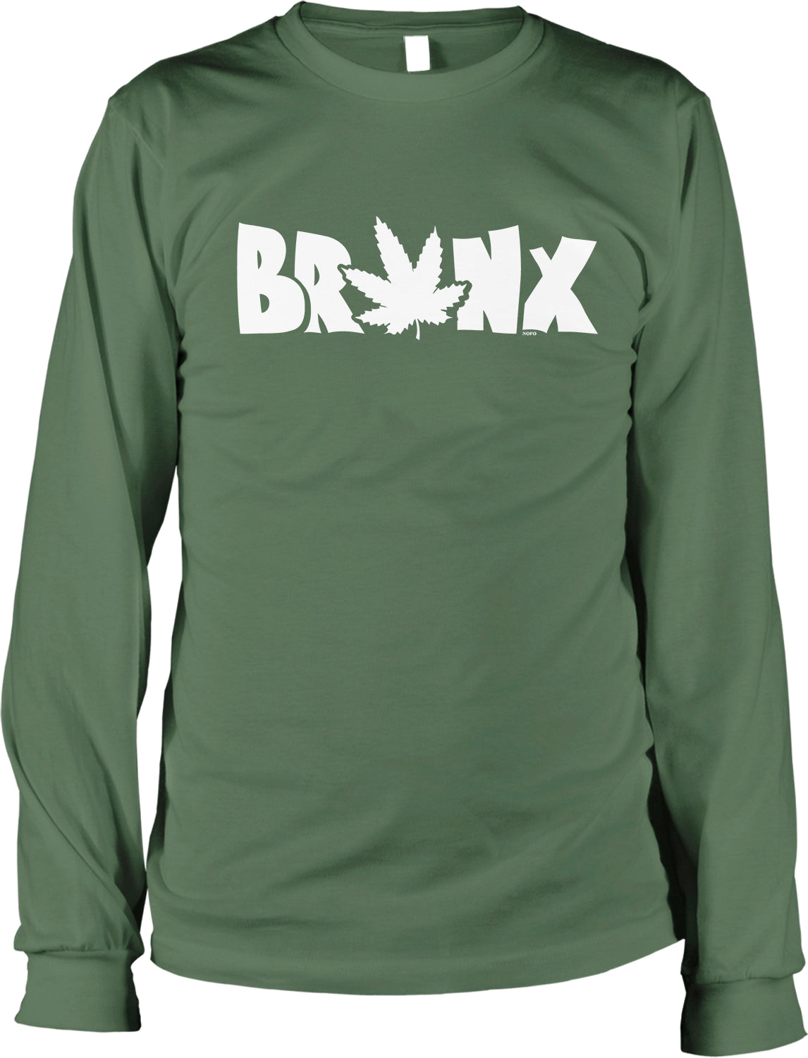 A green long-sleeved t-shirt with the word "BRONX" printed on it in white letters.