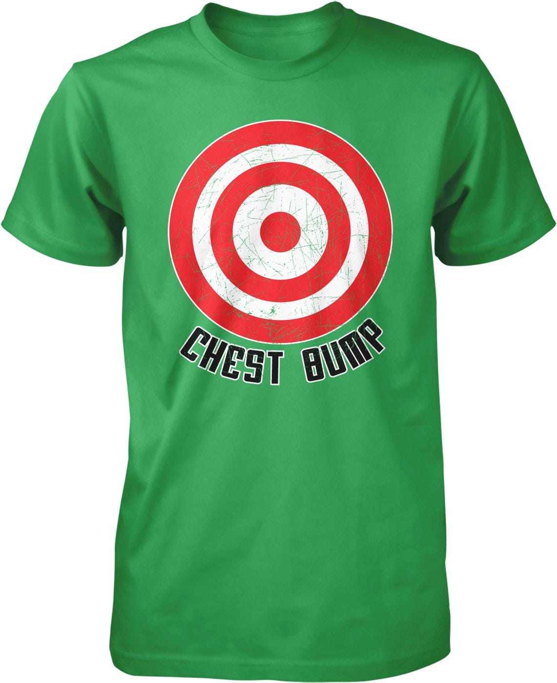 A green t-shirt with a red and white target design and the text "CHEST BUMP" printed on it.