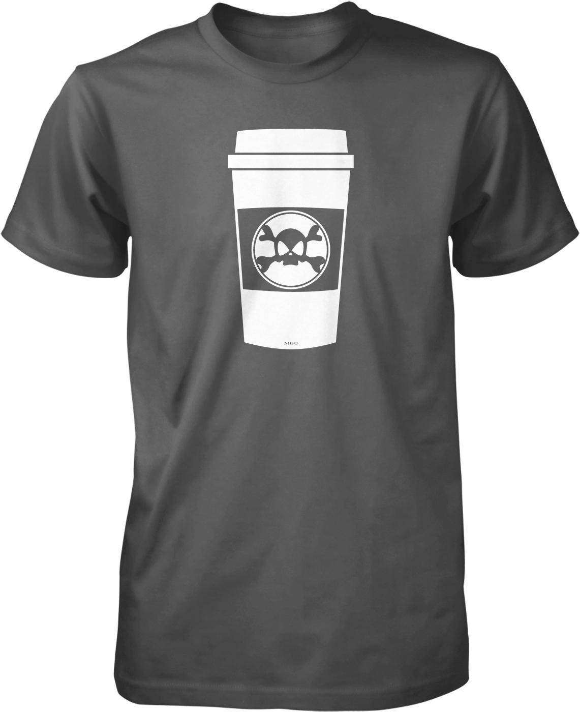 A gray t-shirt with a white coffee cup graphic printed on it.