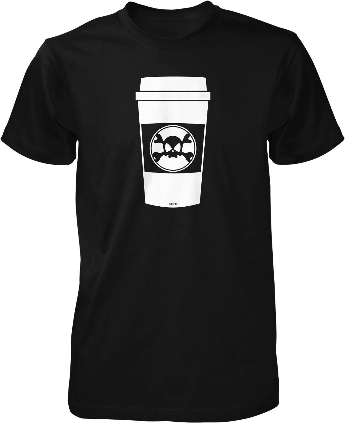 A black t-shirt with a white coffee cup graphic printed on it.