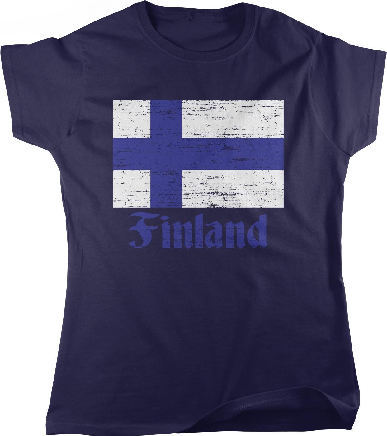 A dark blue t-shirt with a graphic design featuring the flag of Finland and the word "Finland" printed on it.