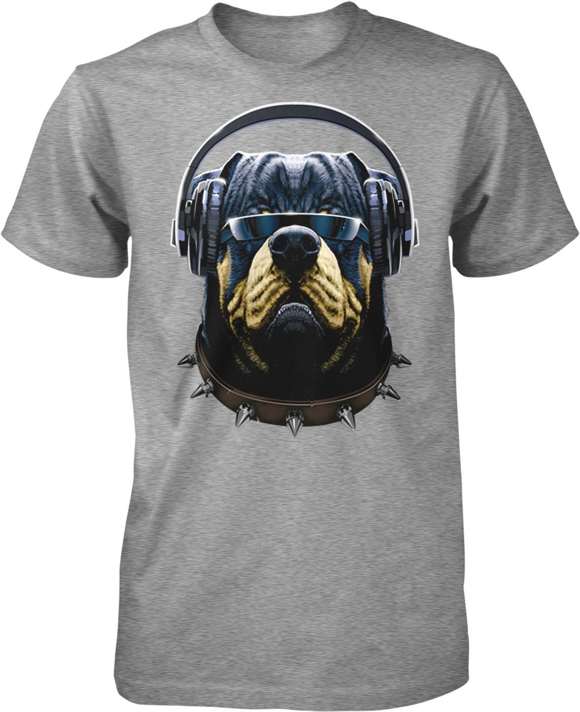 A t-shirt design featuring a dog wearing headphones and sunglasses, with spikes on its collar.
