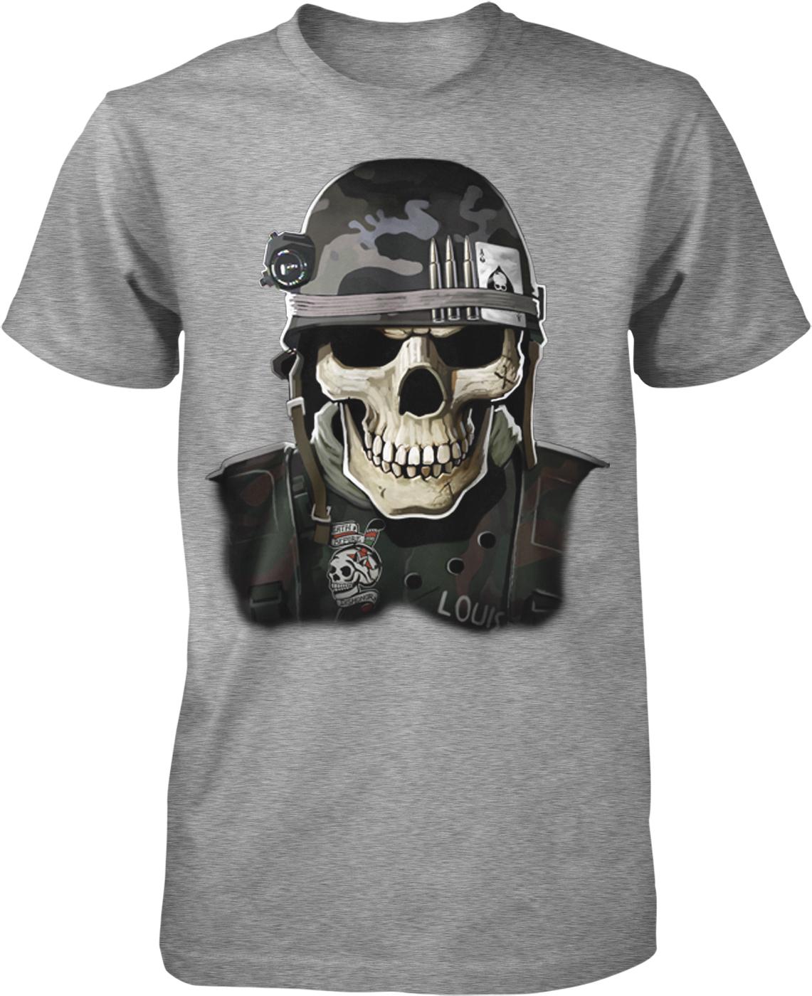 A t-shirt design featuring a skull wearing a military-style helmet and camouflage gear, with the word "LOUIS" visible on the shirt.