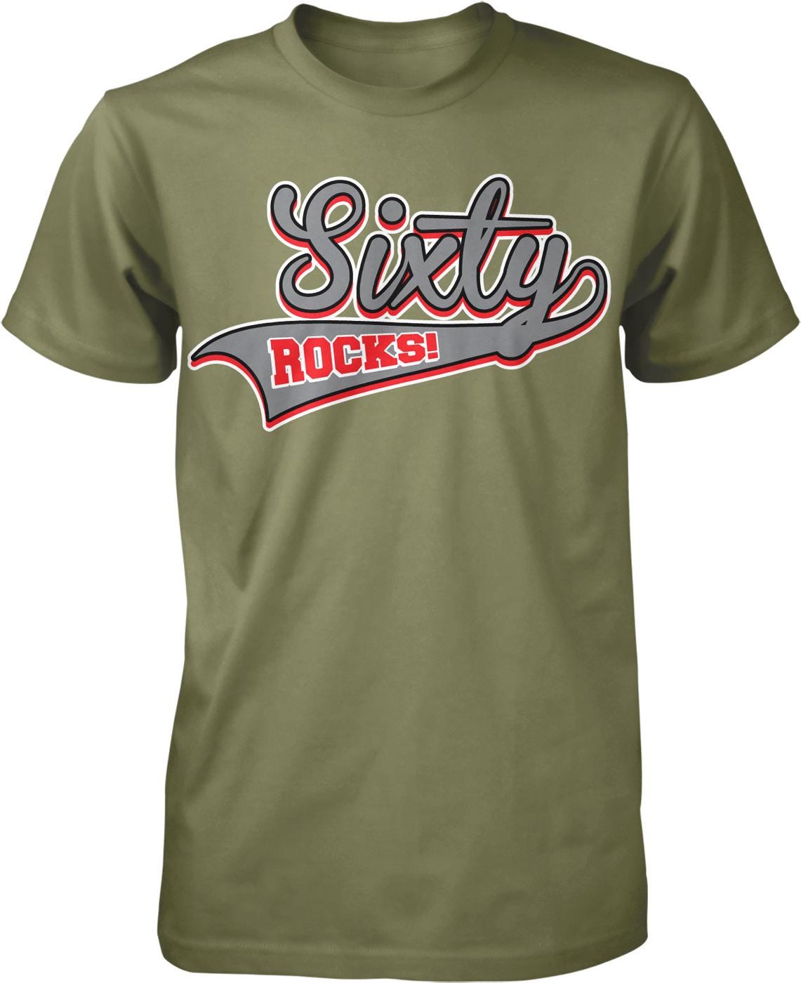 A green t-shirt with a graphic design featuring the text "Sixty ROCKS!" in a stylized font.