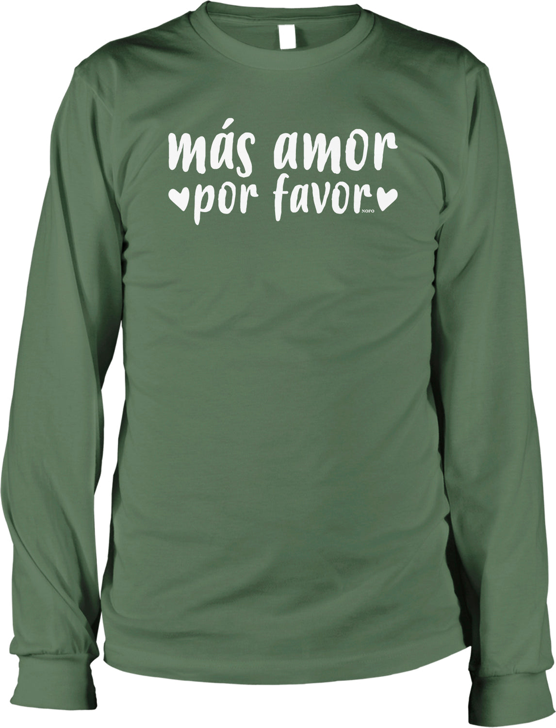A green long-sleeved shirt with white text printed on it.