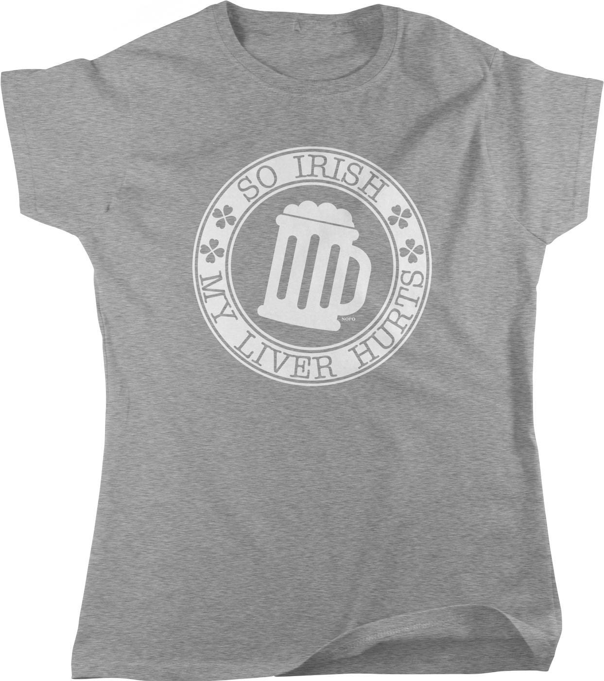 A gray t-shirt with a circular graphic design featuring a mug and the text "So Irish, my liver hurts" around the mug.