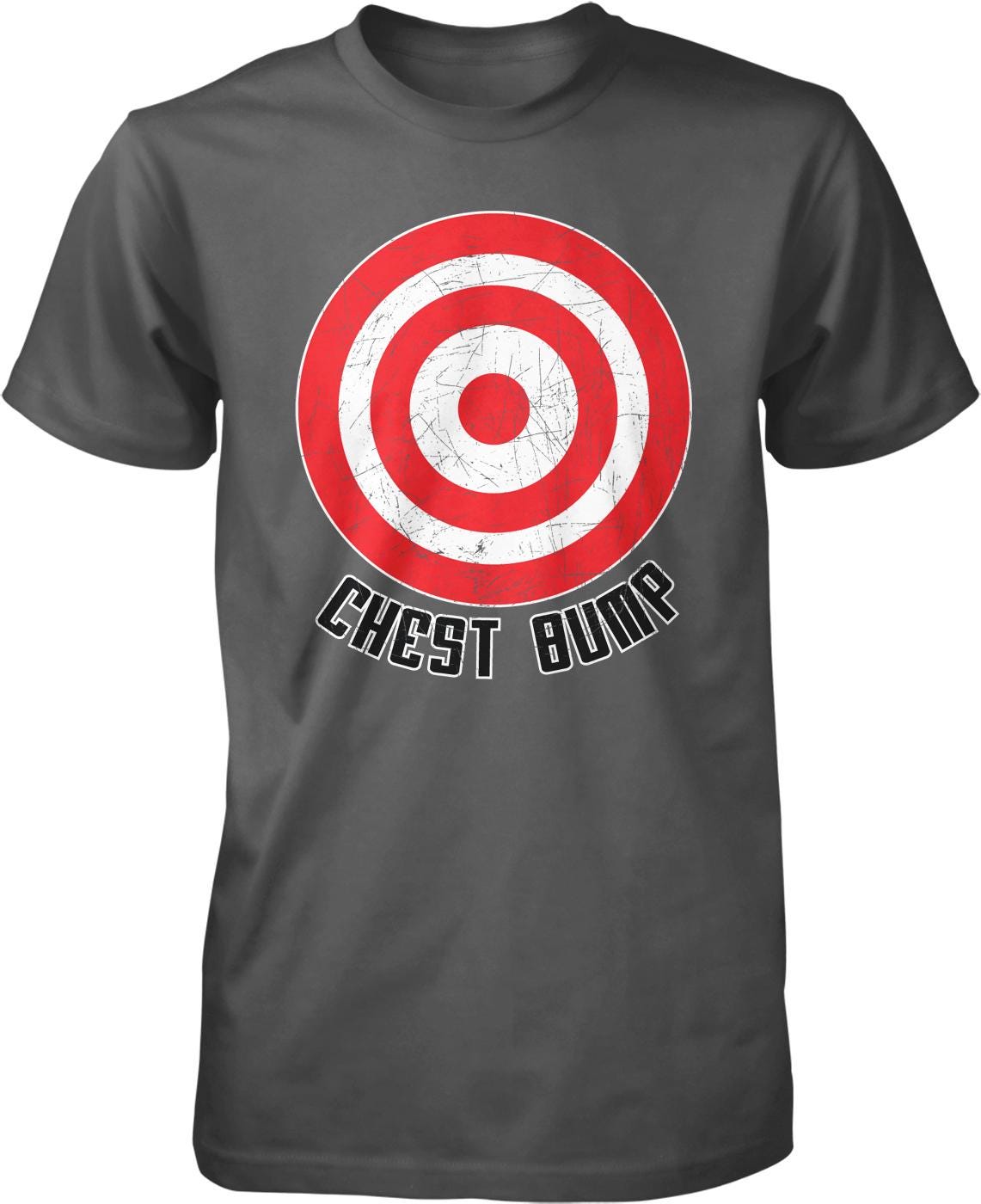 A gray t-shirt with a red and white target design and the text "CHEST BUMP" printed on it.