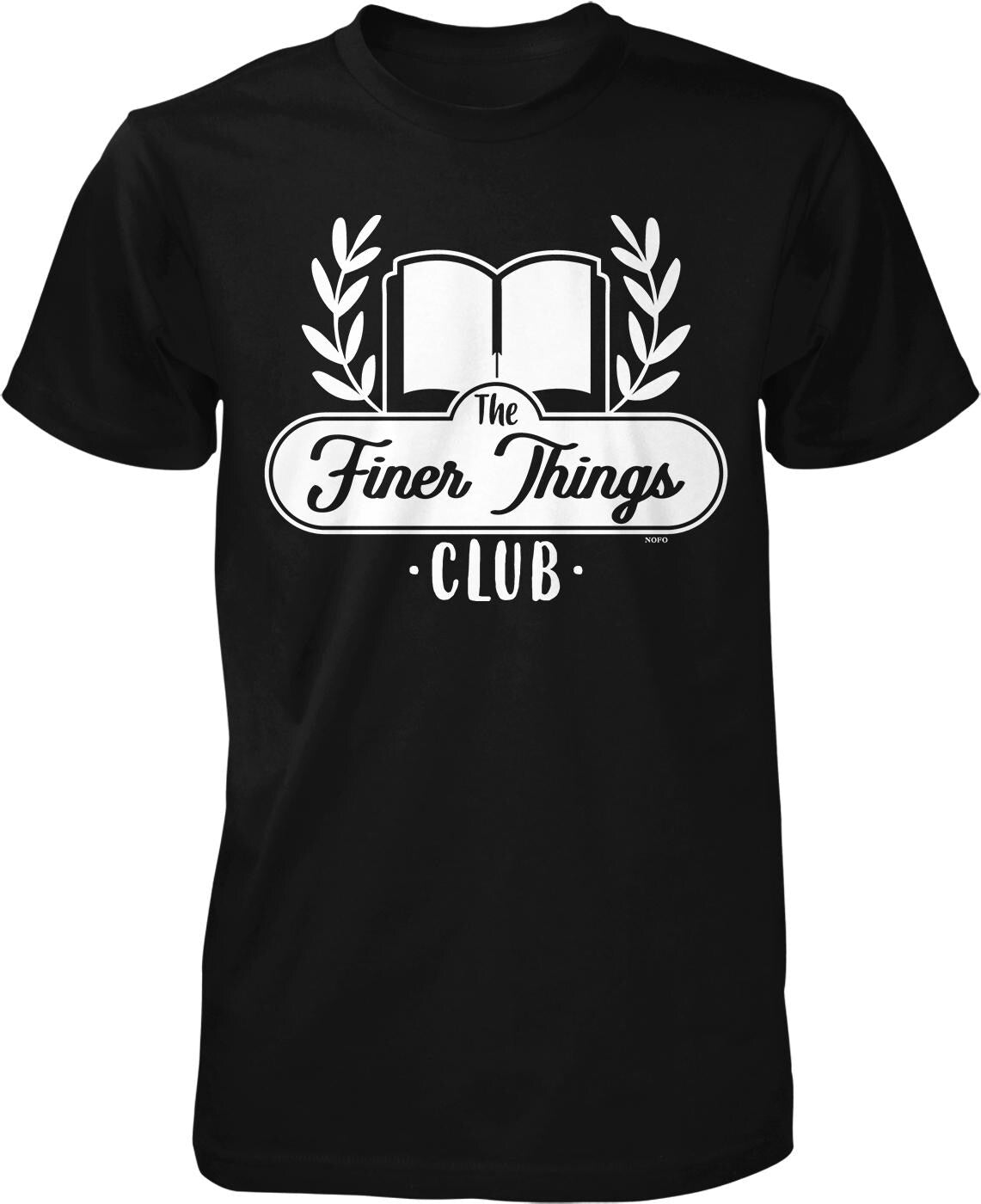 A black t-shirt with a white graphic design featuring a book and laurel wreath, along with the text "The Finer Things Club" printed on it.