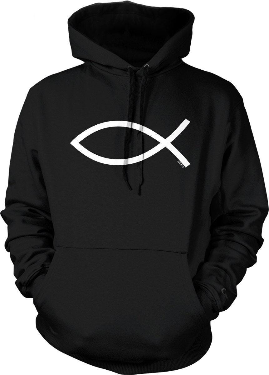 Jesus Fish Sweatshirt - Christian Hooded Hoodie with Pouch Pocket & Double Ply Hood