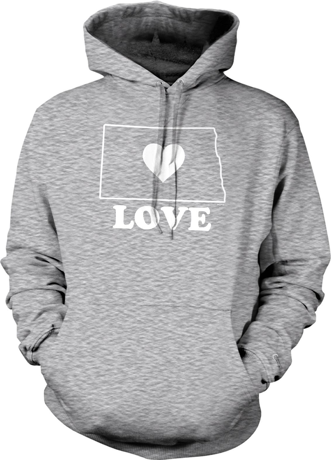 A gray hoodie with a graphic design on the front, depicting a heart and the word "LOVE" printed on it.