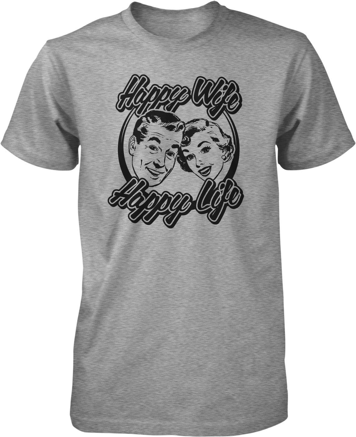 A gray t-shirt with a graphic design featuring two smiling faces, along with the text "Happy Wife Happy Life" written above them.