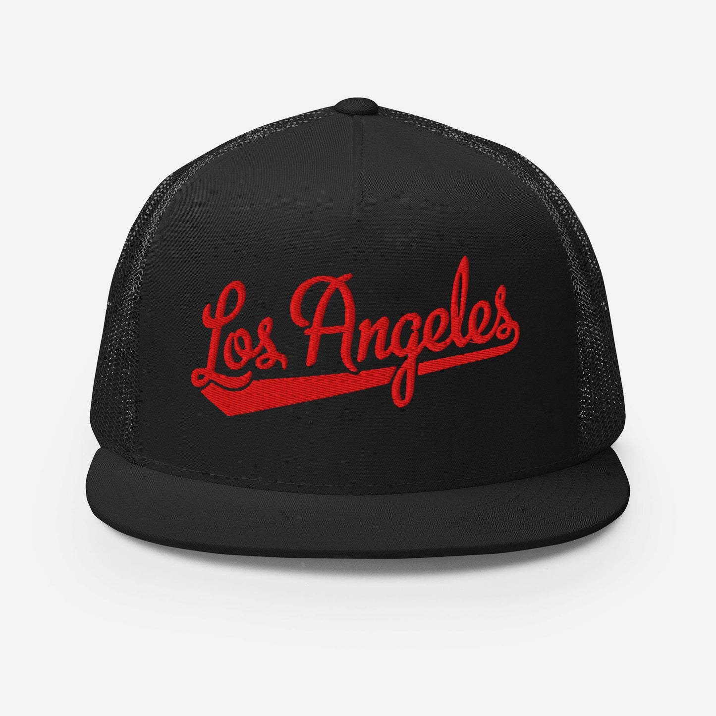 A black baseball cap with the text "Los Angeles" printed in red on it.