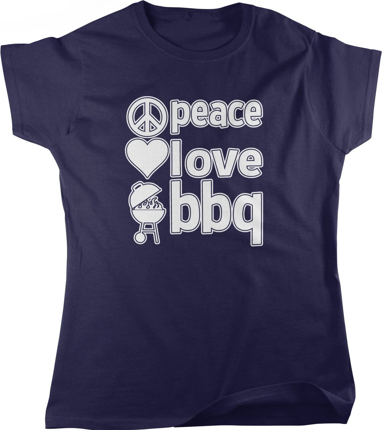 A navy blue t-shirt with a graphic design featuring the text "Peace, Love, BBQ" along with a peace sign, a heart, and a barbecue grill icon.