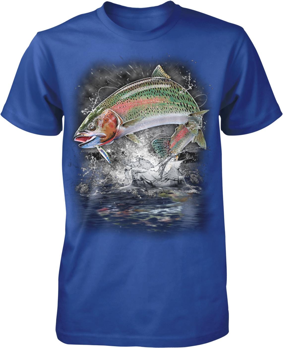 A blue t-shirt with a graphic design depicting a colorful fish jumping out of the water, surrounded by splashing water and a dark background.