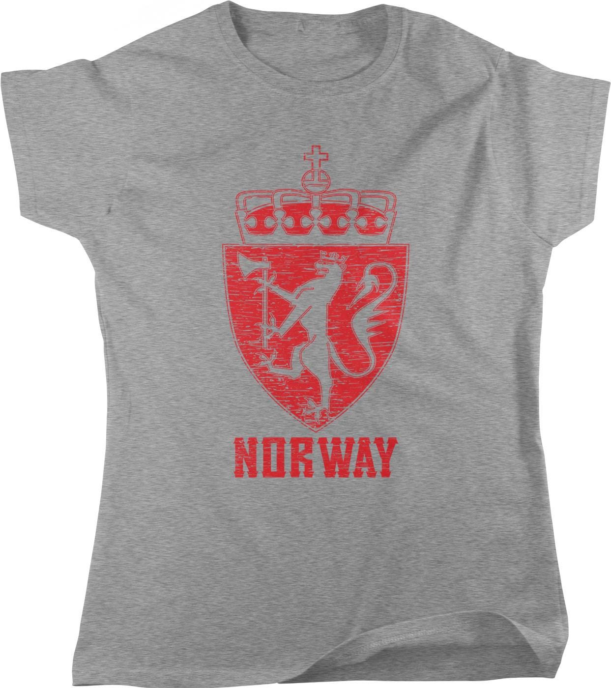 A gray t-shirt with a red graphic design depicting a shield with a crown and a lion, along with the text "NORWAY" below it.