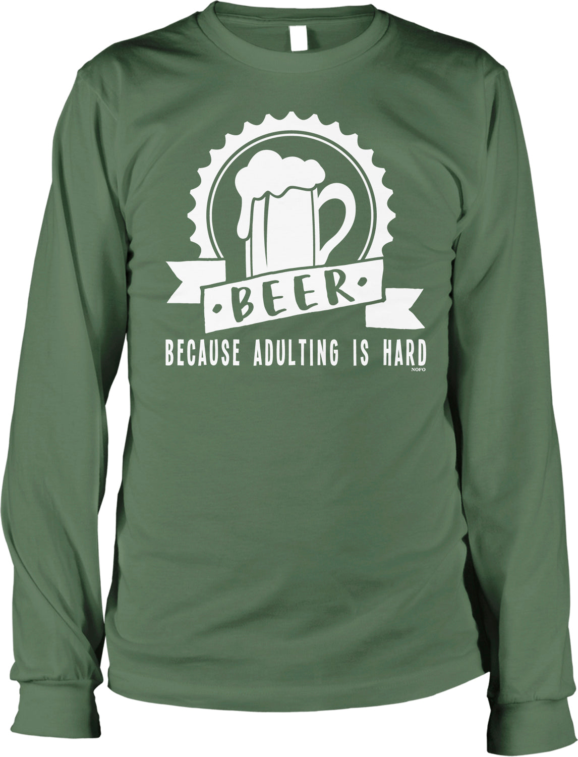 A green long-sleeved t-shirt with a graphic design and text printed on it.