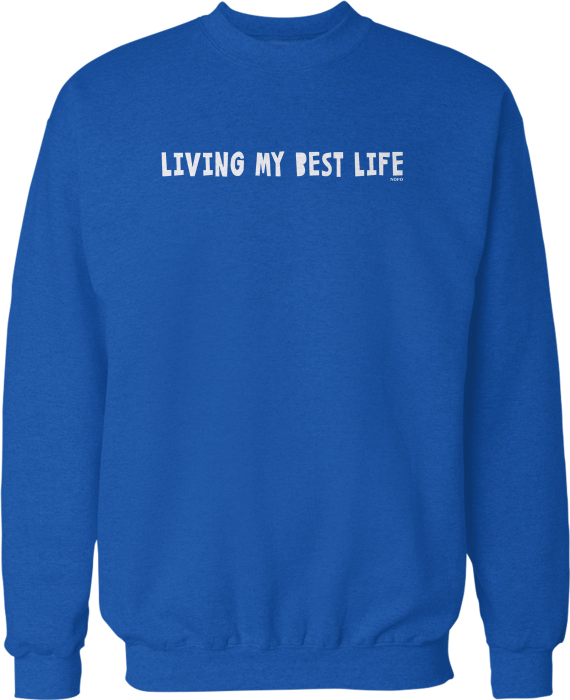 A blue sweatshirt with the text "LIVING MY BEST LIFE" printed on it.