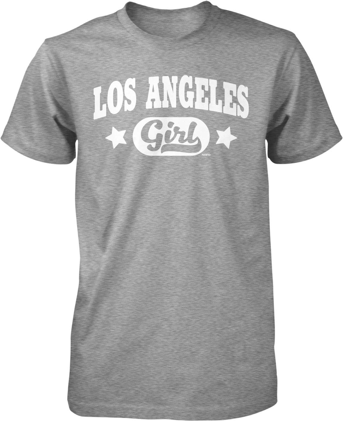 A gray t-shirt with the text "LOS ANGELES GIRL" printed on it in white lettering.