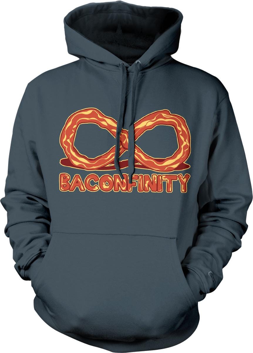 A gray hoodie with a graphic design featuring a large bacon-flavored pretzel and the text "BaconFinity" below it.