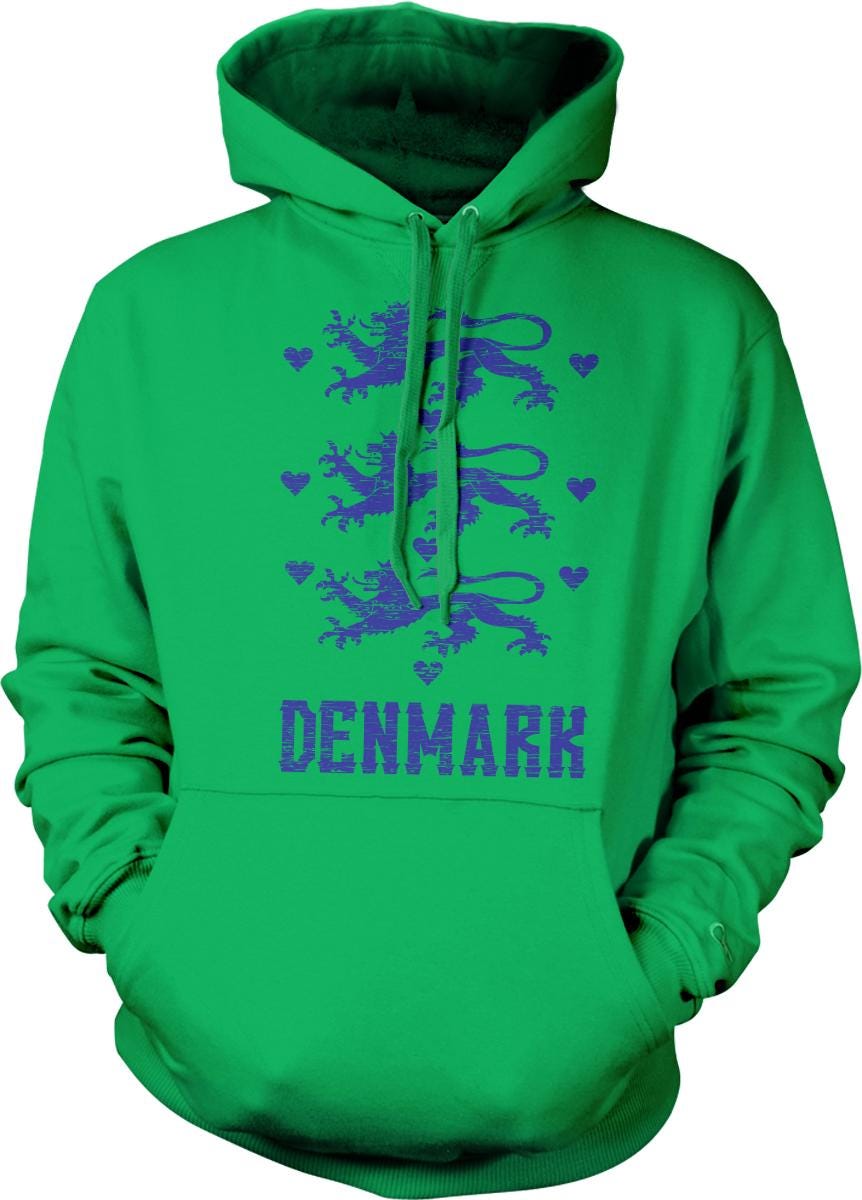 A bright green hoodie with a graphic design of a lion and the word "DENMARK" printed on it.