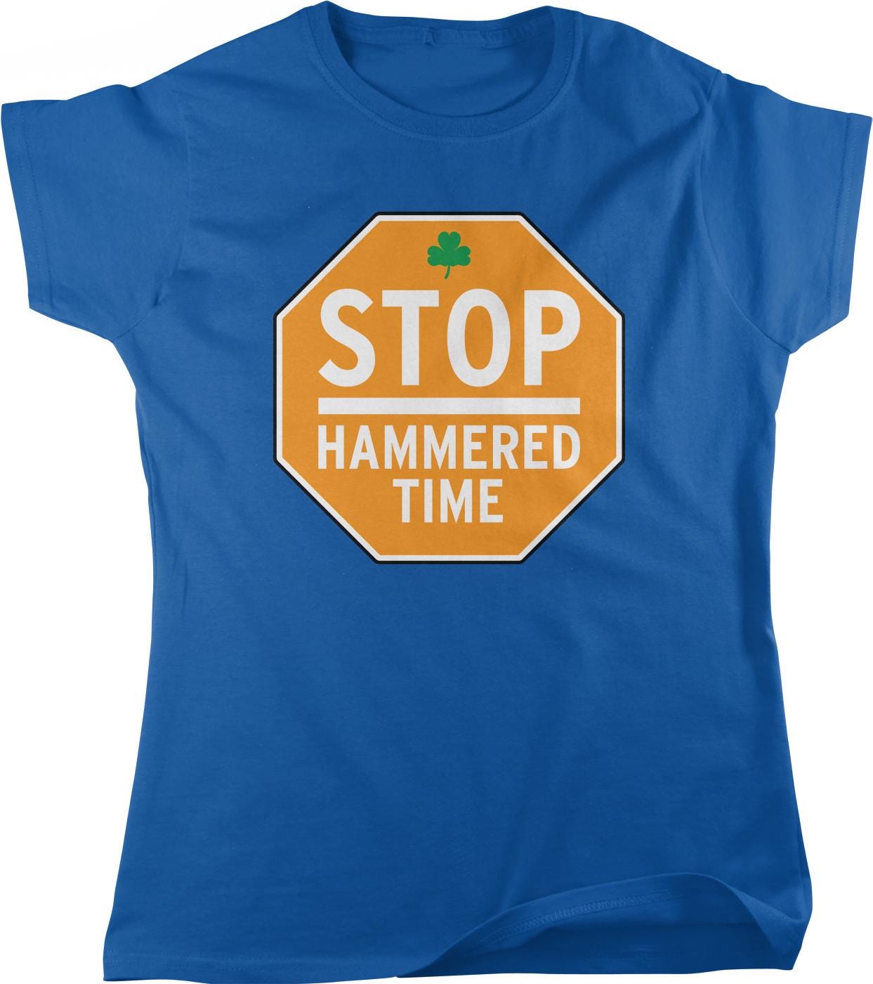 A blue t-shirt with a stop sign graphic and the text "HammerED TIME" printed on it.