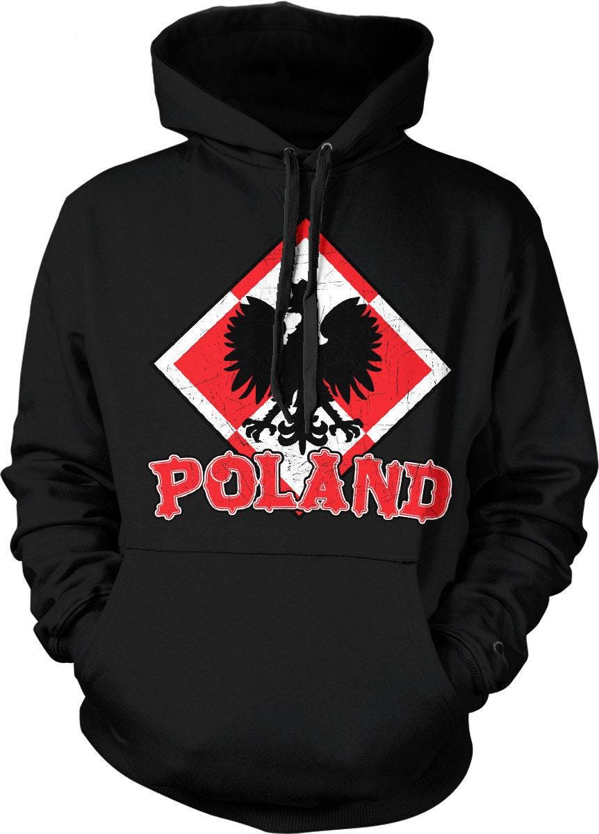 Poland Coat of Arms Sweatshirt – White Eagle Hoodie With Double-Ply Hood & Pouch Pocket