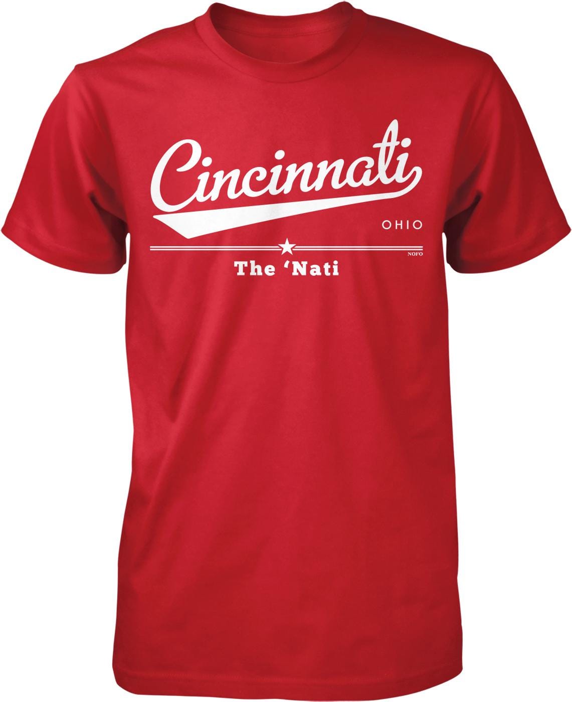 A red t-shirt with white text and graphics that say "Cincinnati, Ohio" and "The 'Nati'".