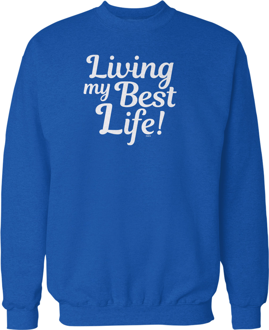 A blue sweatshirt with the text "Living my Best Life!" printed on it.
