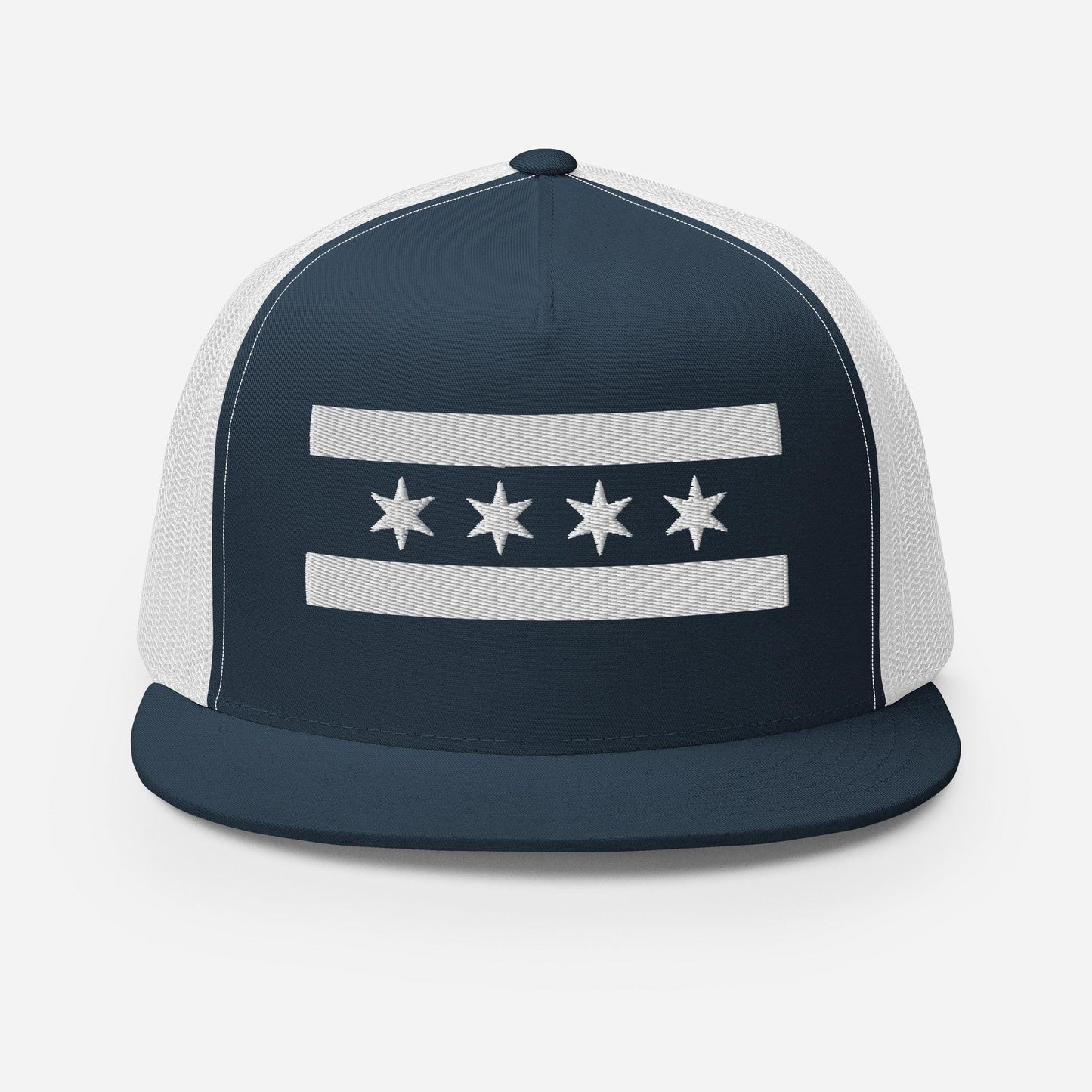 A navy blue baseball cap with a white stripe and three white stars on the front.