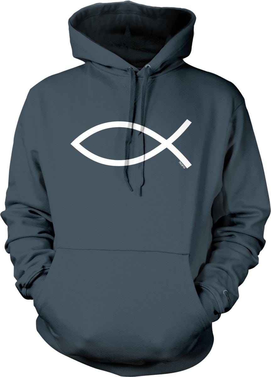 A dark grey hooded sweatshirt with a white fish symbol printed on it.
