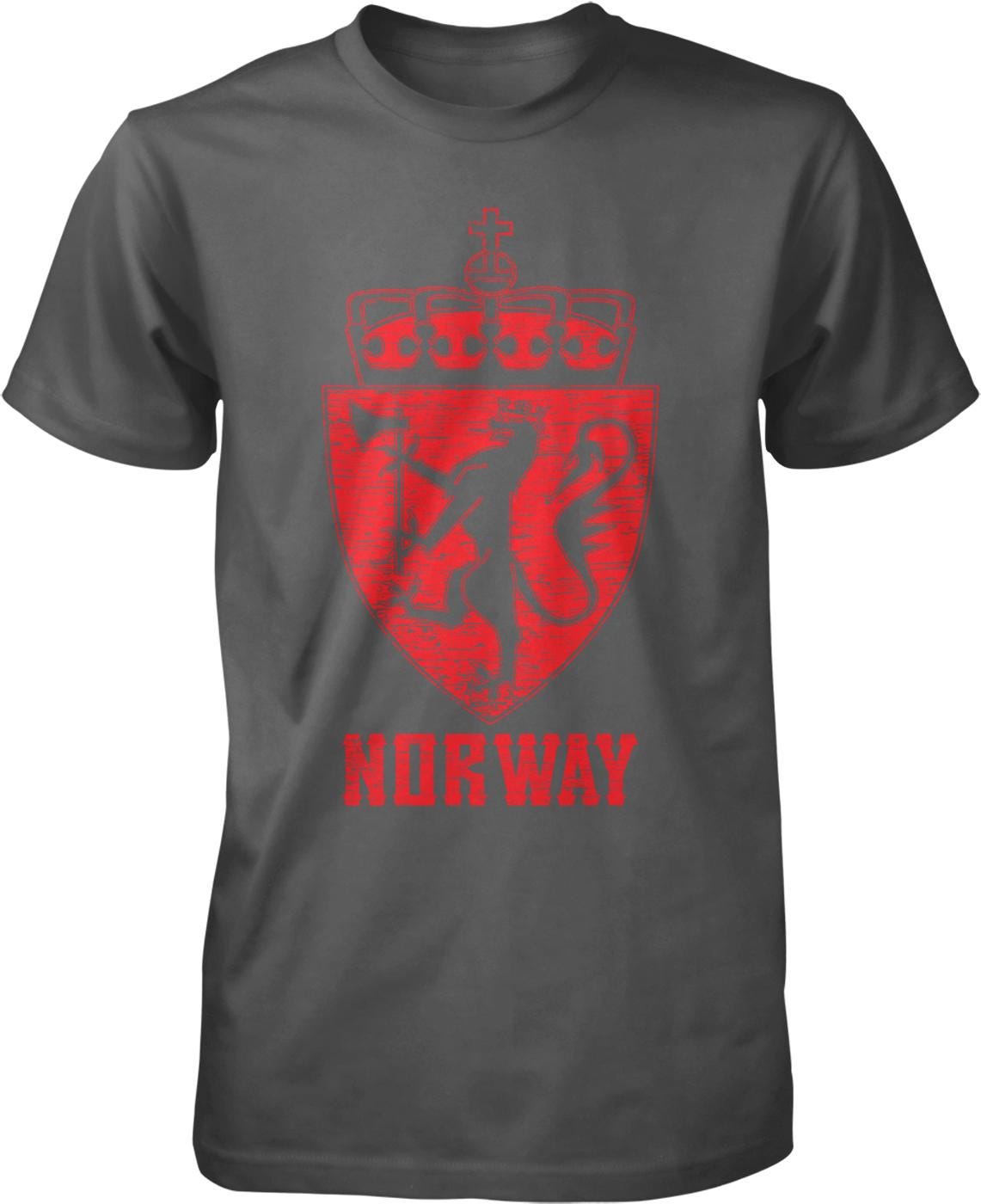 A gray t-shirt with a red graphic design depicting a shield with a crown above it, and the text "NORWAY" below the shield.