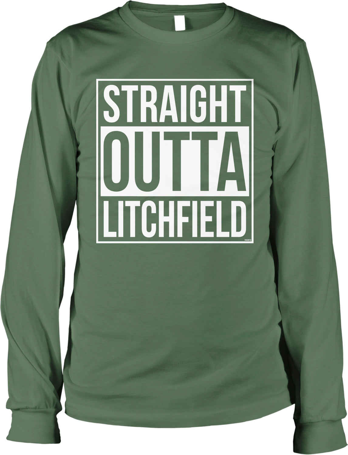 A green long-sleeved shirt with the text "STRAIGHT OUTTA LITCHFIELD" printed on it in white.