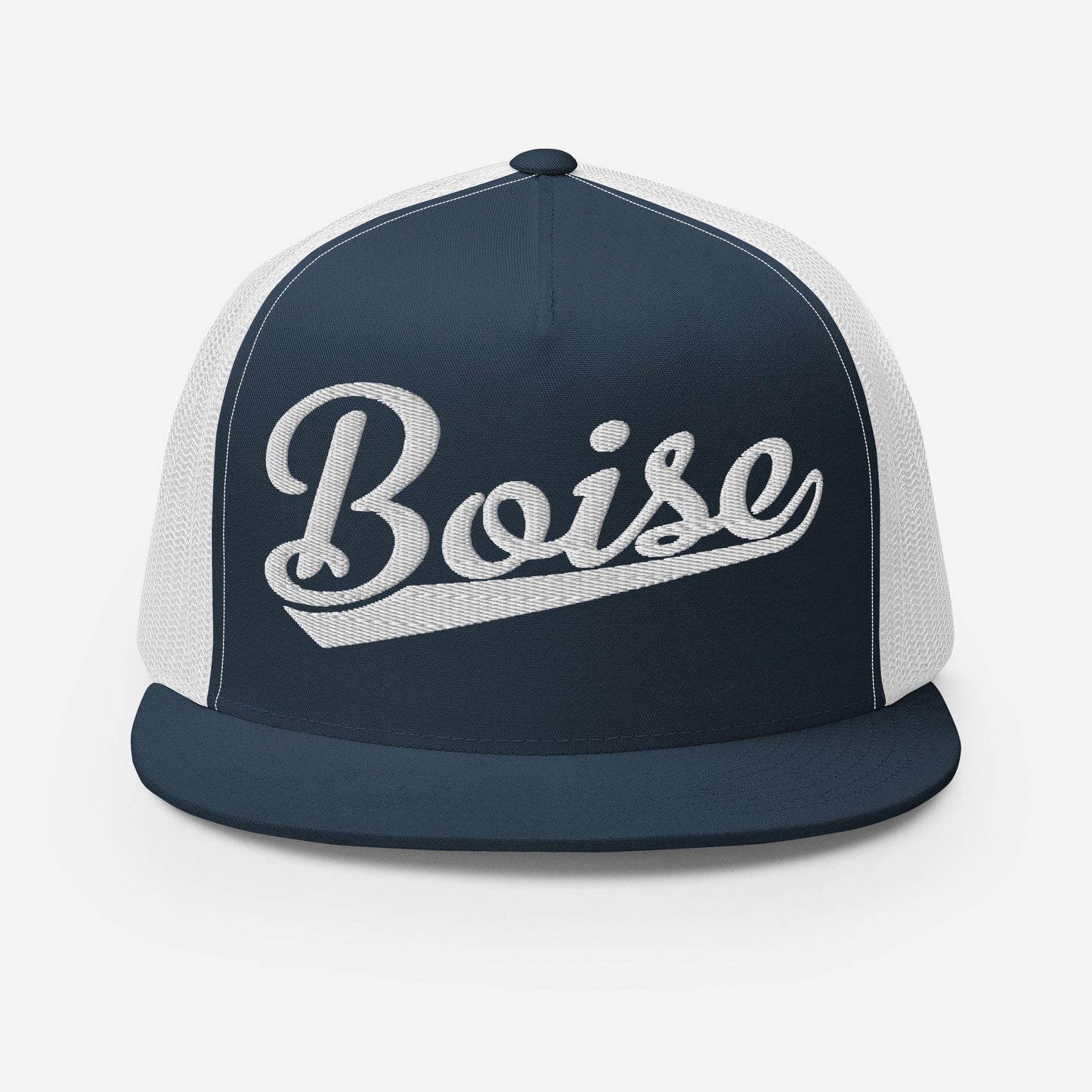 Snapback Trucker Hat – Boise Script Baseball Flat Bill, Custom Embroidery, Mesh Back